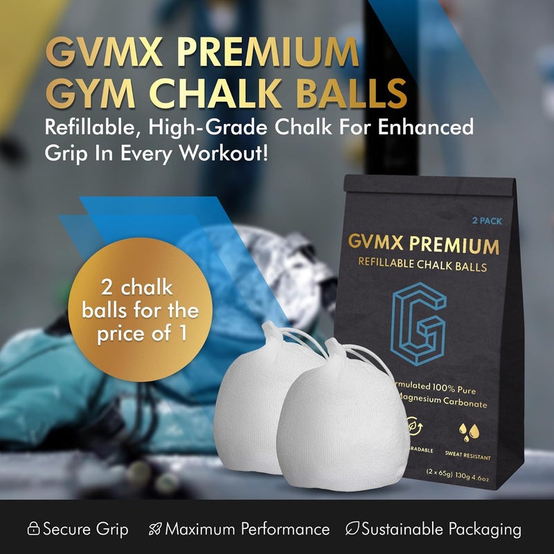 GVMX 130g (2 x 65g) Premium Chalk Balls. Pro-Grade Gym Chalk in Refillable Sock. Eco Friendly Packaging. Grip Enhancing Gym Accessory for Weightlifting, Rock Climbing, Gymnastics & More. Package May Vary. - Image 2